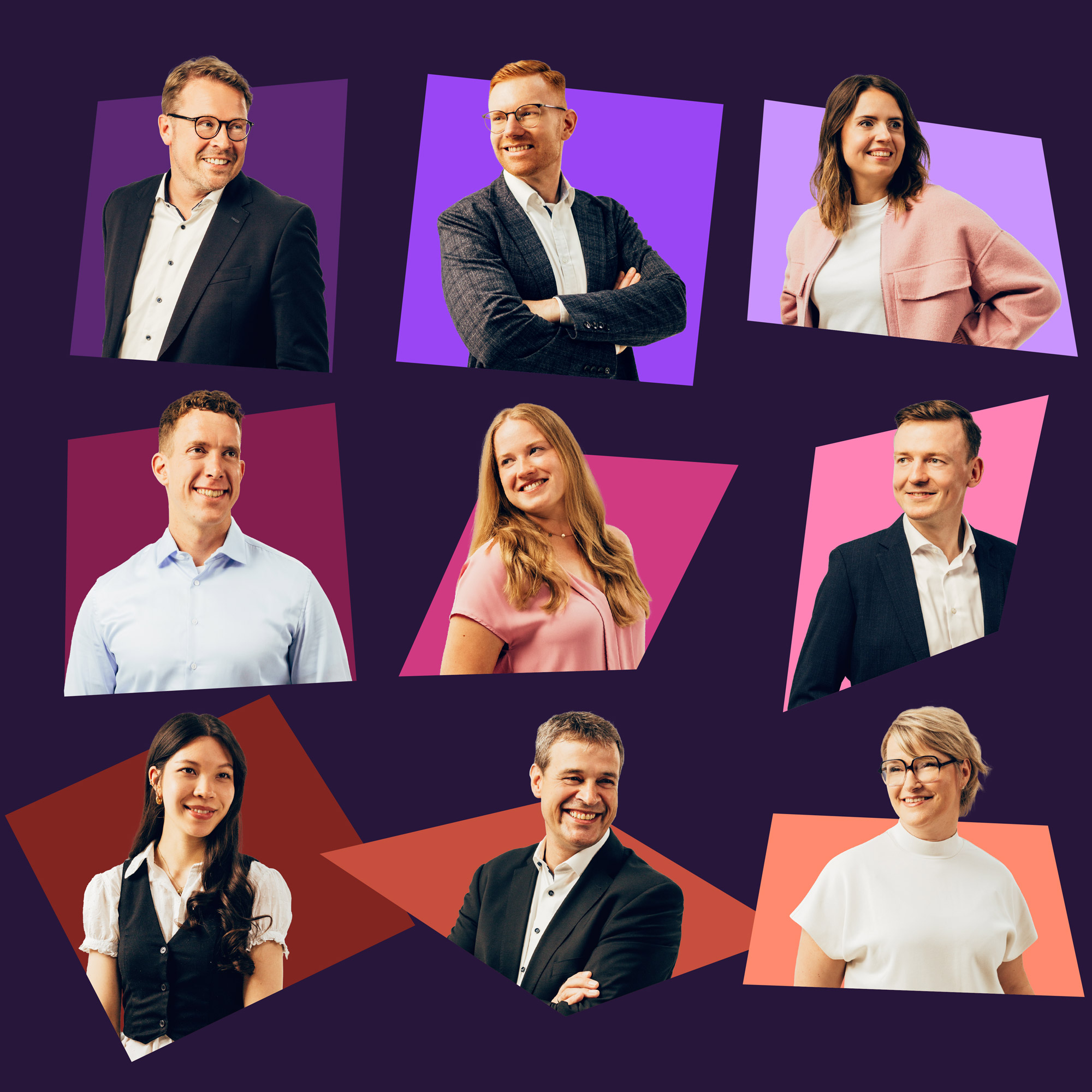 Einzelbilder von 9 Personen auf verschiedenen Farbflächen. Zusammen ergibt es abstrakt das Logo der Evangelischen Bank.